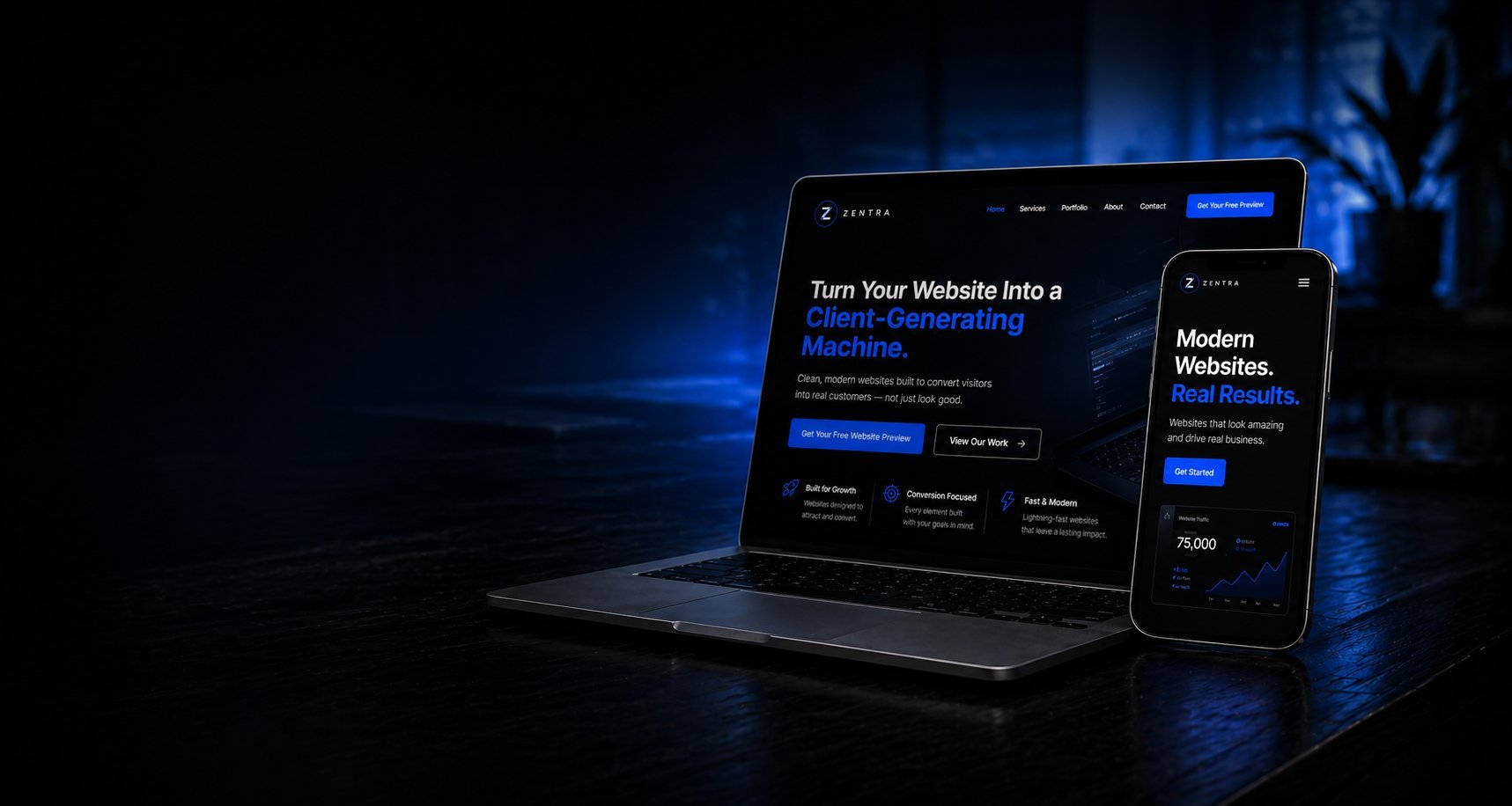 Laptop and smartphone displaying a dark-themed website design mockup with blue accents, showcasing responsive web design on multiple devices.