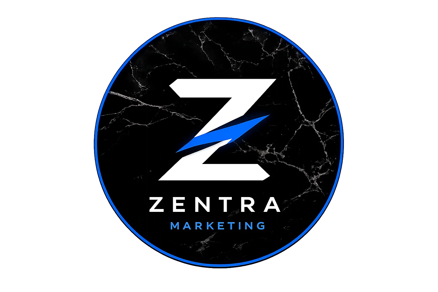 Zentra Marketing logo featuring a stylized blue and white Z with a lightning bolt design on a dark textured background