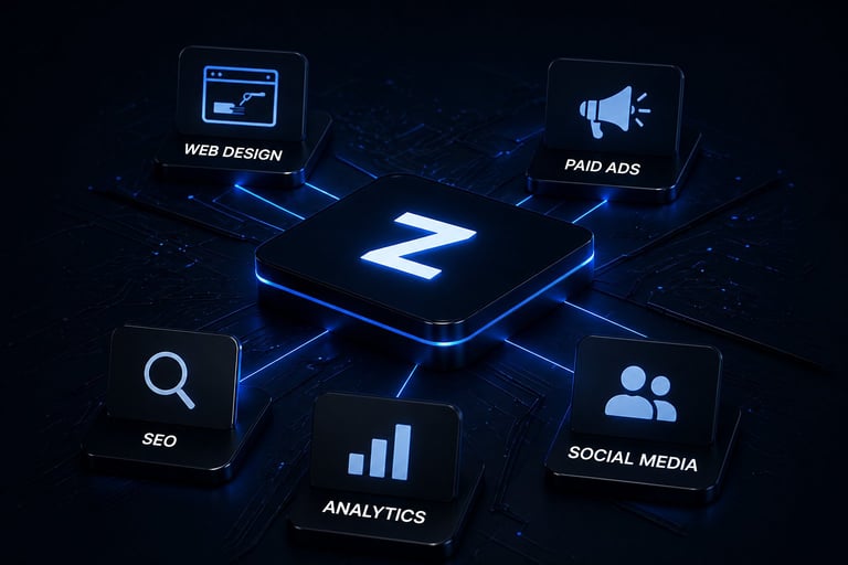 Digital illustration of a central Z icon surrounded by six blue glowing squares labeled Web Design, Paid Ads, SEO, Analytics, and Social Media on a dark tech background.